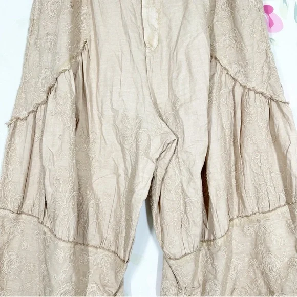 NEW Free People Easy Love Embroidered Pull On Bleached Sand Mid Rise Pants XL